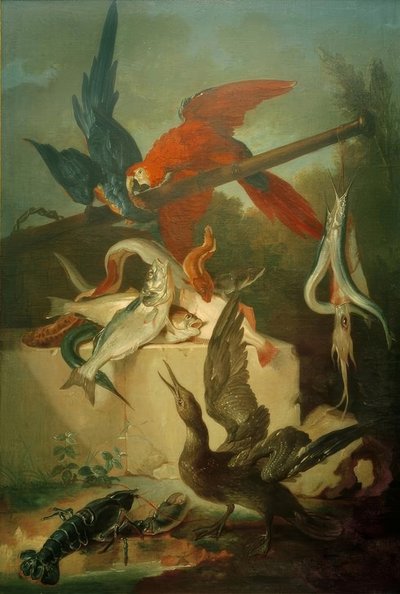 Vissen, zeevogels en papegaaien door Jean Baptiste Oudry