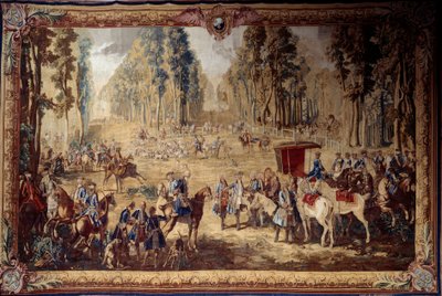 Wandtapijt met de jachten van Lodewijk XVI: de ontmoeting bij het kruispunt van de Koningsput in het bos van Compiegne door Jean Baptiste Oudry