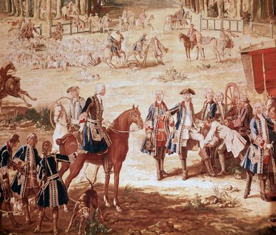 Jacht van Lodewijk XV Koning Lodewijk XV op jacht in het bos van Compiegne (De Jacht van Lodewijk XV - Wandtapijt) het vertrek van de roedel (detail) door Jean Baptiste Oudry