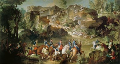 Jacht in het bos van Fontainebleau bij Franchard door Jean Baptiste Oudry