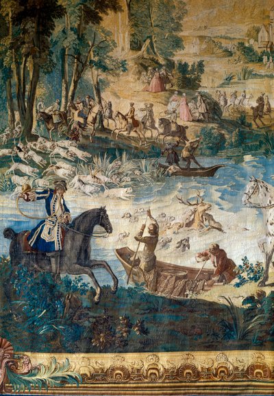 Jacht van Lodewijk XV: de dood van het hert in de vijver (detail) door Jean Baptiste Oudry