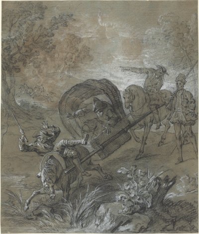La Rancune op een brancard, neergeslagen in de modder door Jean Baptiste Oudry