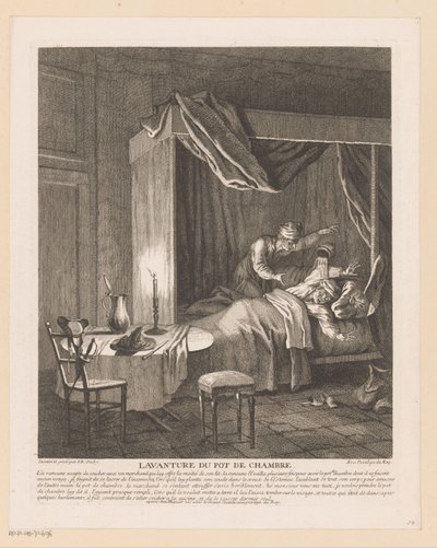 Man schrikt wakker door kamerpot die over hem geleegd wordt (Scènes uit de Roman Comique van Scarron) door Jean Baptiste Oudry