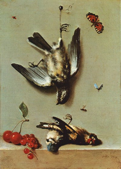 Stilleven met drie dode vogels, aalbessen, kersen en insecten door Jean Baptiste Oudry