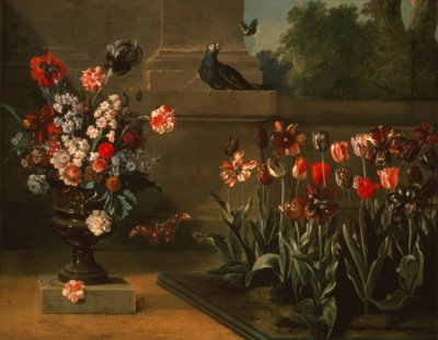 Perk met tulpen en bloemenvaas aan de voet van een muur door Jean Baptiste Oudry