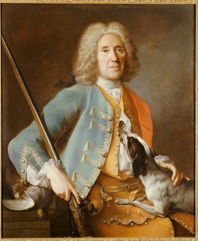 Portret van een sportman met een geweer en een hond door Jean Baptiste Oudry