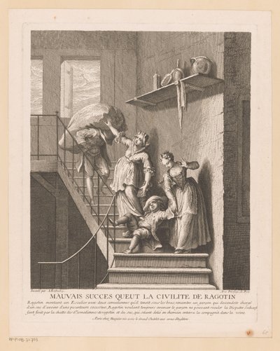 Ragotin met twee dames op een trap door Jean Baptiste Oudry