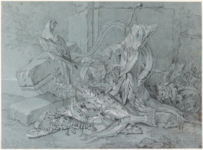 Stilleven met vis en papegaai door Jean Baptiste Oudry