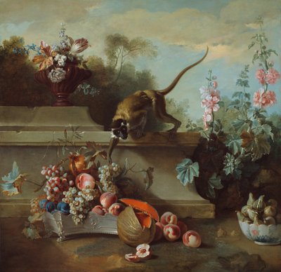 Stilleven met Aap, Vruchten en Bloemen door Jean Baptiste Oudry