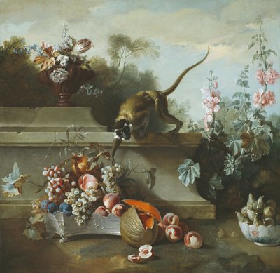 Stilleven met aap, fruit en bloemen, 1724 door Jean Baptiste Oudry