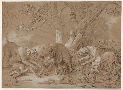 Wilde zeug en haar jongen aangevallen door honden, 1748 door Jean Baptiste Oudry