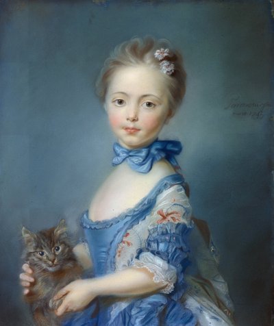 Portret van het meisje met de kat. Schilderij in pastel door Jean-Baptiste Perroneau (Jean Baptiste Perronneau) (1715-1783) door Jean Baptiste Perronneau