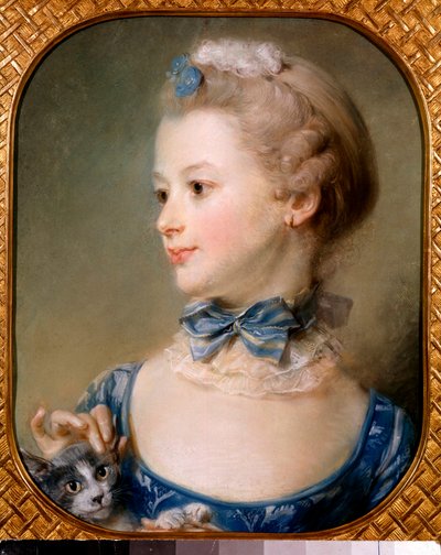 Portret van een klein meisje met een kat - Het jonge meisje heeft een lint en een lichte sluier om de hals met een knoop en streelt de kop van een kat met haar vingertoppen - Pastelschilderij door Jean-Baptiste Perroneau (Jean Baptiste Perronneau) (1715-17 door Jean Baptiste Perronneau