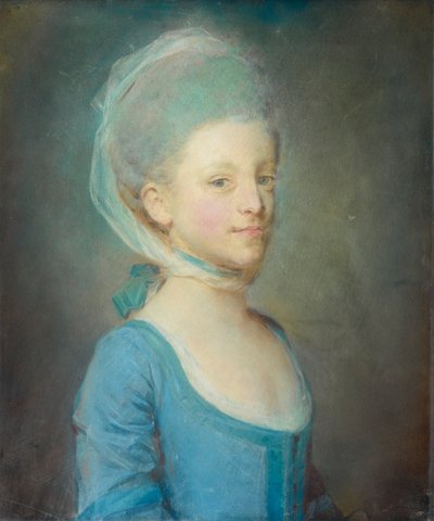 Portret van een jonge vrouw met een hoofddoek van gestreept gaas door Jean Baptiste Perronneau
