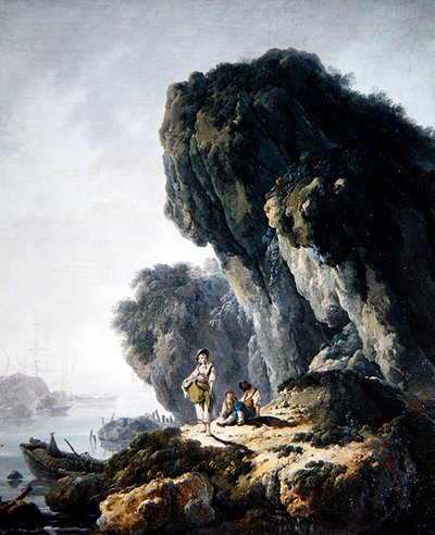 Een kustlandschap met figuren op een rots door Jean Baptiste Pillement