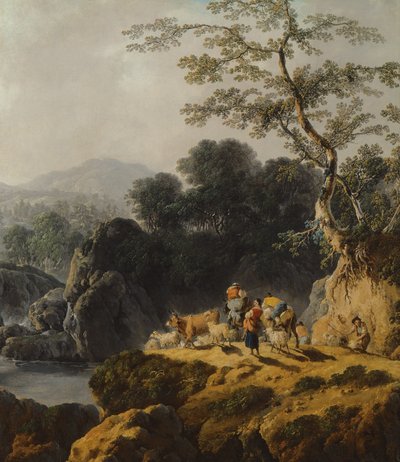 Een rivierdal landschap met herders en reizigers door Jean Baptiste Pillement