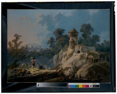Een uitgestrekt landschap met herder die rust met hun kuddes onder een toren door Jean Baptiste Pillement