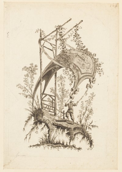 Figuur die Twee Hoeken van Tent Vasthoudt, uit "Recueil des Tentes Chinoises" door Jean Baptiste Pillement