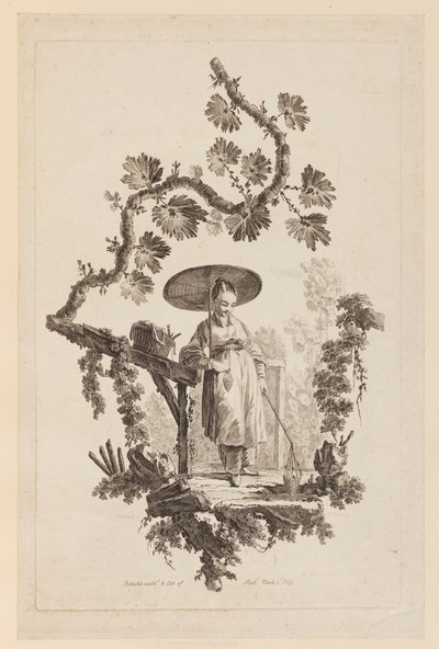 Figuur met parasol onder tak door Jean Baptiste Pillement