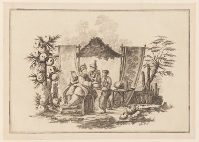 Figuren met een Pompoen, uit "Nouveau Cahier de Six Feuilles De Différents Sujets Chinois Historiés" door Jean Baptiste Pillement
