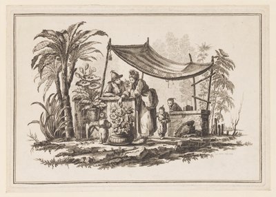 Figuren met een vaas bloemen, uit "Nouveau Cahier de Six Feuilles De Différents Sujets Chinois Historiés" door Jean Baptiste Pillement