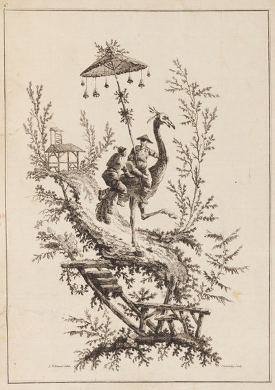 Struisvogelrijders, plaat uit een set van chinoiserie voorstellingen door Jean Baptiste Pillement