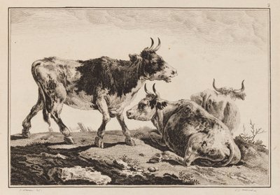 Plaat 2, uit "Cahier de Six Feuilles de Boeufs et Vaches" door Jean Baptiste Pillement