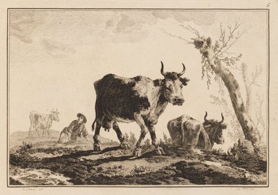 Plaat 5, "Cahier de Six Feuilles de Boeufs et Vaches" door Jean Baptiste Pillement
