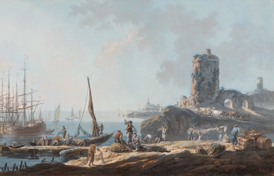 Havenscène bij kalm weer door Jean Baptiste Pillement