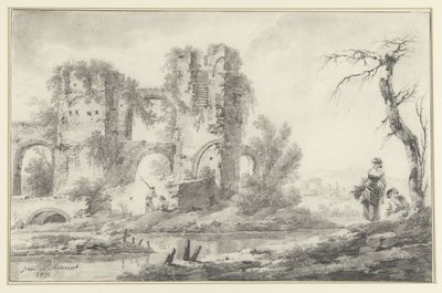 Ruïne aan een rivier met rechts een jongen en een meisje door Jean Baptiste Pillement