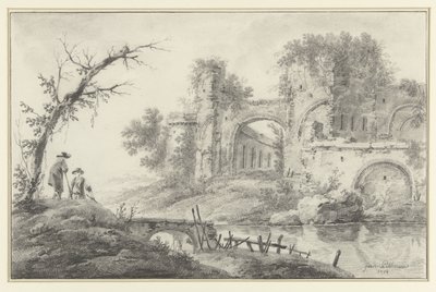 Ruïne aan een rivier met twee landlieden door Jean Baptiste Pillement