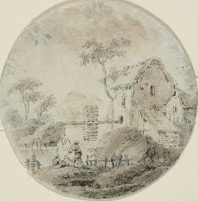 Watermolen met Figuren naast de Rivier door Jean Baptiste Pillement
