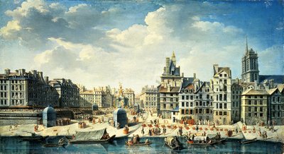 Een plein aan de oevers van de Seine in Parijs door Jean Baptiste Raguenet
