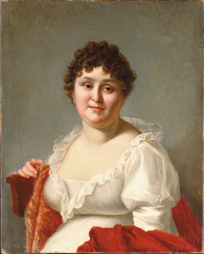 Portret van Madame Regnault, buste-lengte, in een witte jurk en persimmon sjaal door Jean Baptiste Regnault