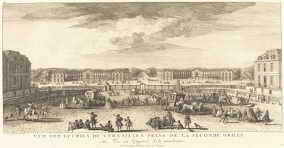 Uitzicht op de stallen van Versailles vanaf het tweede hek door Jean Baptiste Rigaud