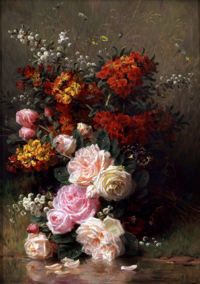 Zomerbloemen (waaronder rozen en geraniums). Schilderij van Jean Baptiste Robie (1821-1910) Privécollectie. door Jean Baptiste Robie