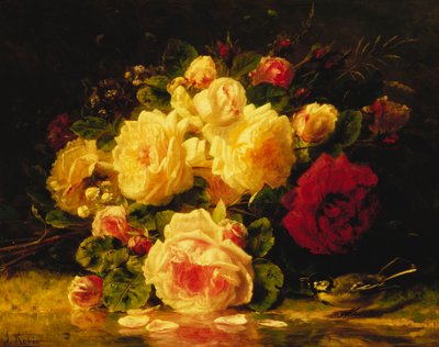 Rozen met een pimpelmees bij een stroom door Jean Baptiste Robie