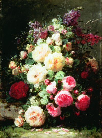 Stilleven met rozen op een mosrijke oever door Jean Baptiste Robie