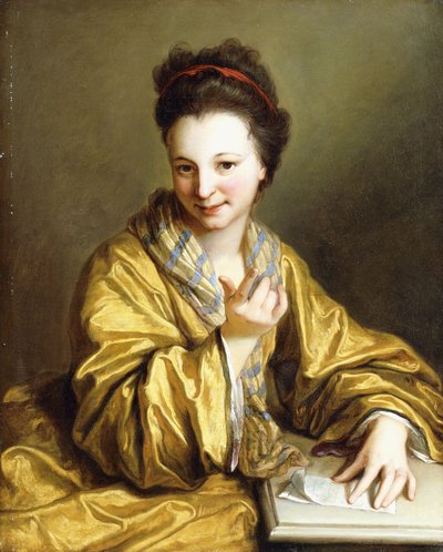 Een Jonge Dame, Gekleed in een Gele Gewaad, Zittend aan een Tafel, Wenkt door Jean Baptiste Santerre