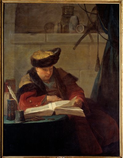 Een chemicus in zijn laboratorium of een filosoof leest. Portret van de schilder Jacques Andre Joseph Ave, bekend als de Camelot of Avet le Batave door Jean Baptiste Simeon Chardin