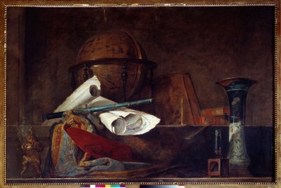 Allegorie van de wetenschap. Stilleven, globe, geografische kaarten, boeken en vaas. door Jean Baptiste Simeon Chardin