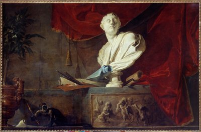 Allegorie van de kunsten: stilleven met gebeeldhouwde buste, palet en penselen door Jean Baptiste Simeon Chardin