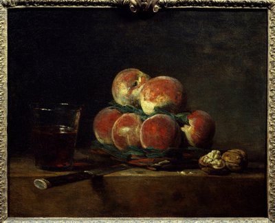 Mand met perziken, noten, mes en glas wijn door Jean Baptiste Simeon Chardin