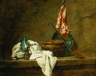 Bieten, een Specerijendoos, een Vaatdoek, een Pot, een Geglazuurd Aardewerken Bord, een Schuimspaan, met Vlees aan een Haak, op een Richel, 1734 door Jean Baptiste Simeon Chardin