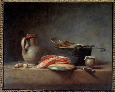 Koperen pot, schuimspaan, kruik en zalmmoot. Stilleven door Jean Baptiste Simeon Chardin