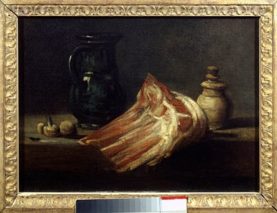 Keukentafel en gebruiksvoorwerpen met een schaapsvierkant door Jean Baptiste Simeon Chardin