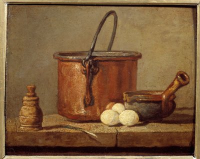 Keukengerei, ketel, poelon en eieren door Jean Baptiste Simeon Chardin