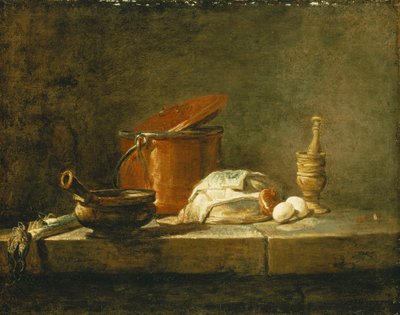 Prei, een Braadpan, een Koperen Pot met Deksel, een Stuk Vis, een Ui en Twee Eieren, met een Vijzel, op een Richel, 1734 door Jean Baptiste Simeon Chardin