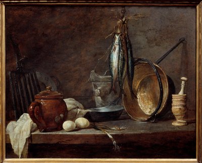 Menu van mager en keukengerei. Stilleven door Jean Baptiste Simeon Chardin