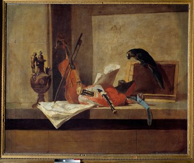 Muziekinstrumenten en papegaai door Jean Baptiste Simeon Chardin